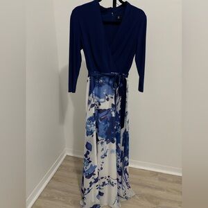 Leslie Fay Navy and White Floral Wrap Maxi Dress